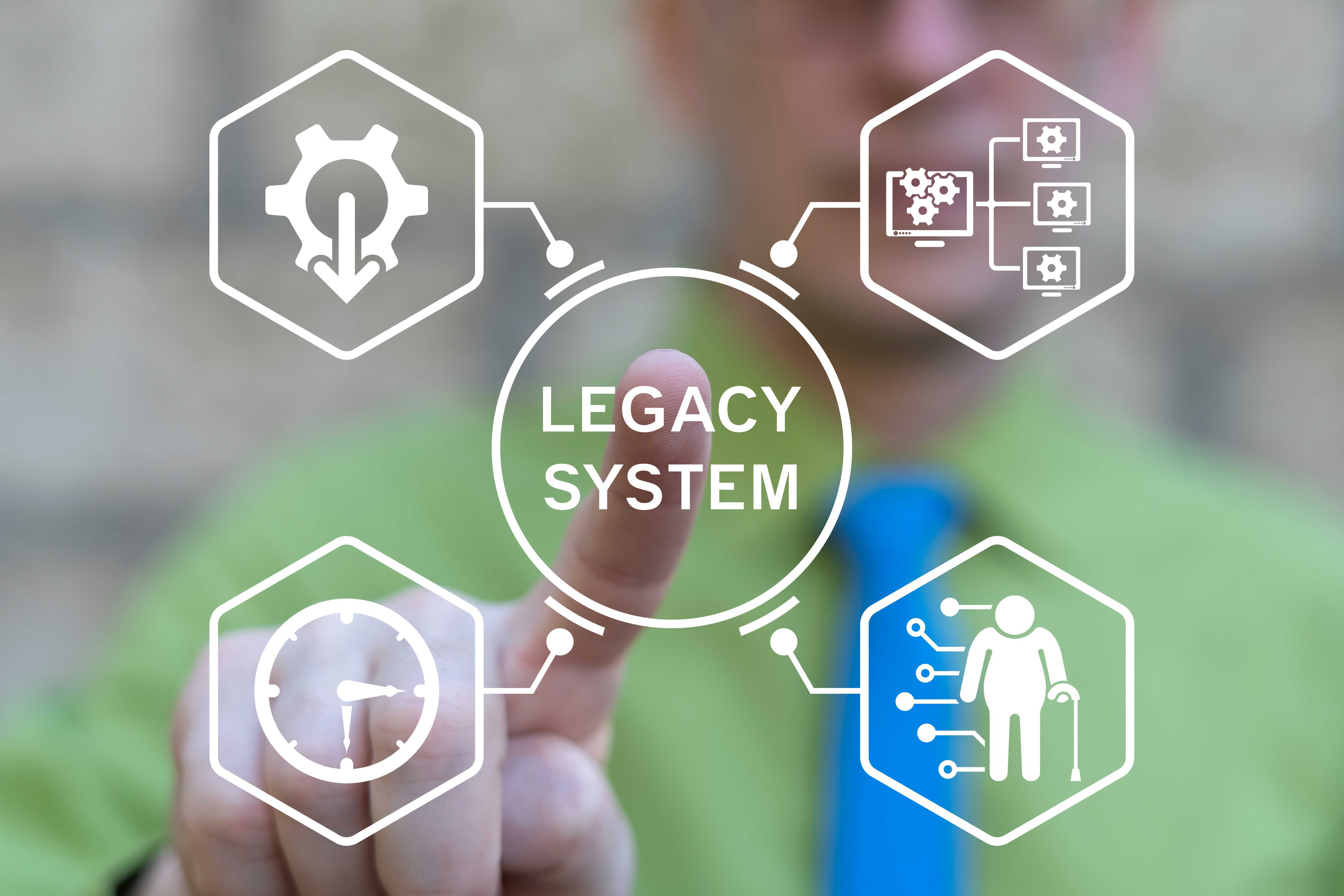 Concept of Legacy System Business Technology Interoperability Modernization. Business person using virtual touch screen presses the inscription LEGACY SYSTEM.