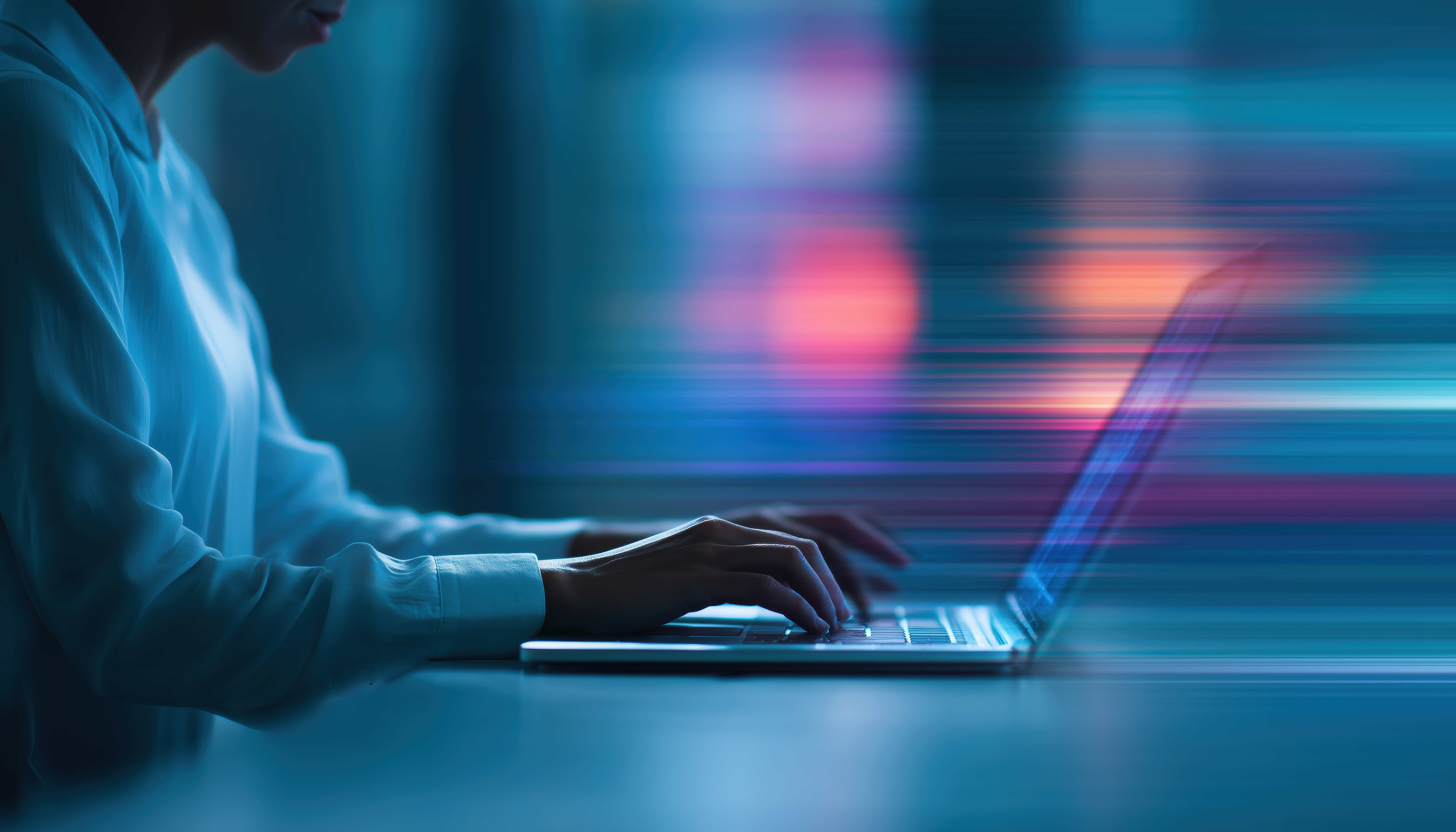 Businesswoman Working On Laptop With Virtual Screen While It Consultant Sets Up Virtual Document Management System For Archiving Corporate Files.