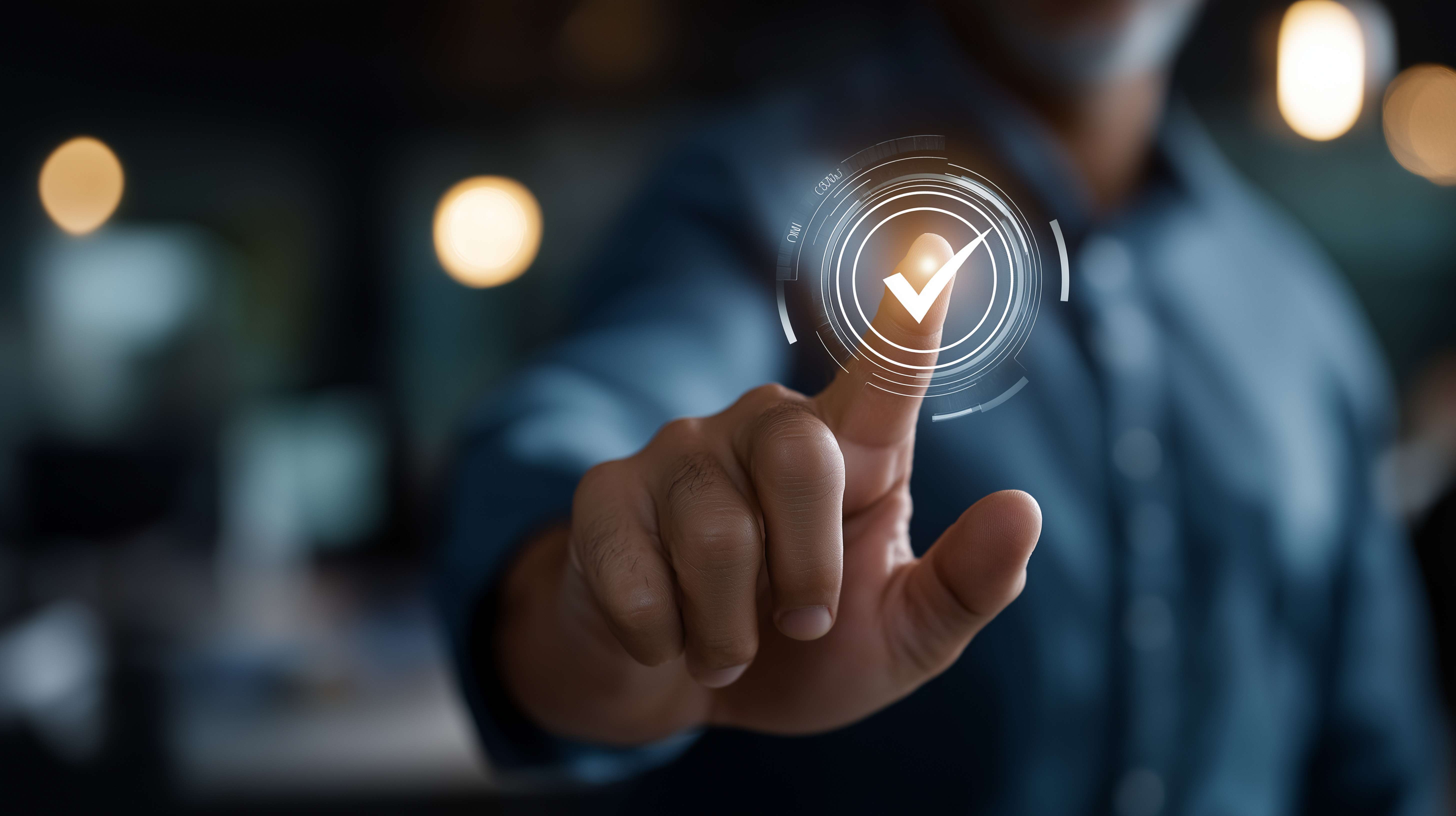 Businessman using digital system for document approval validation with quality assurance checklist compliance process efficiency performance tracking work standardisation