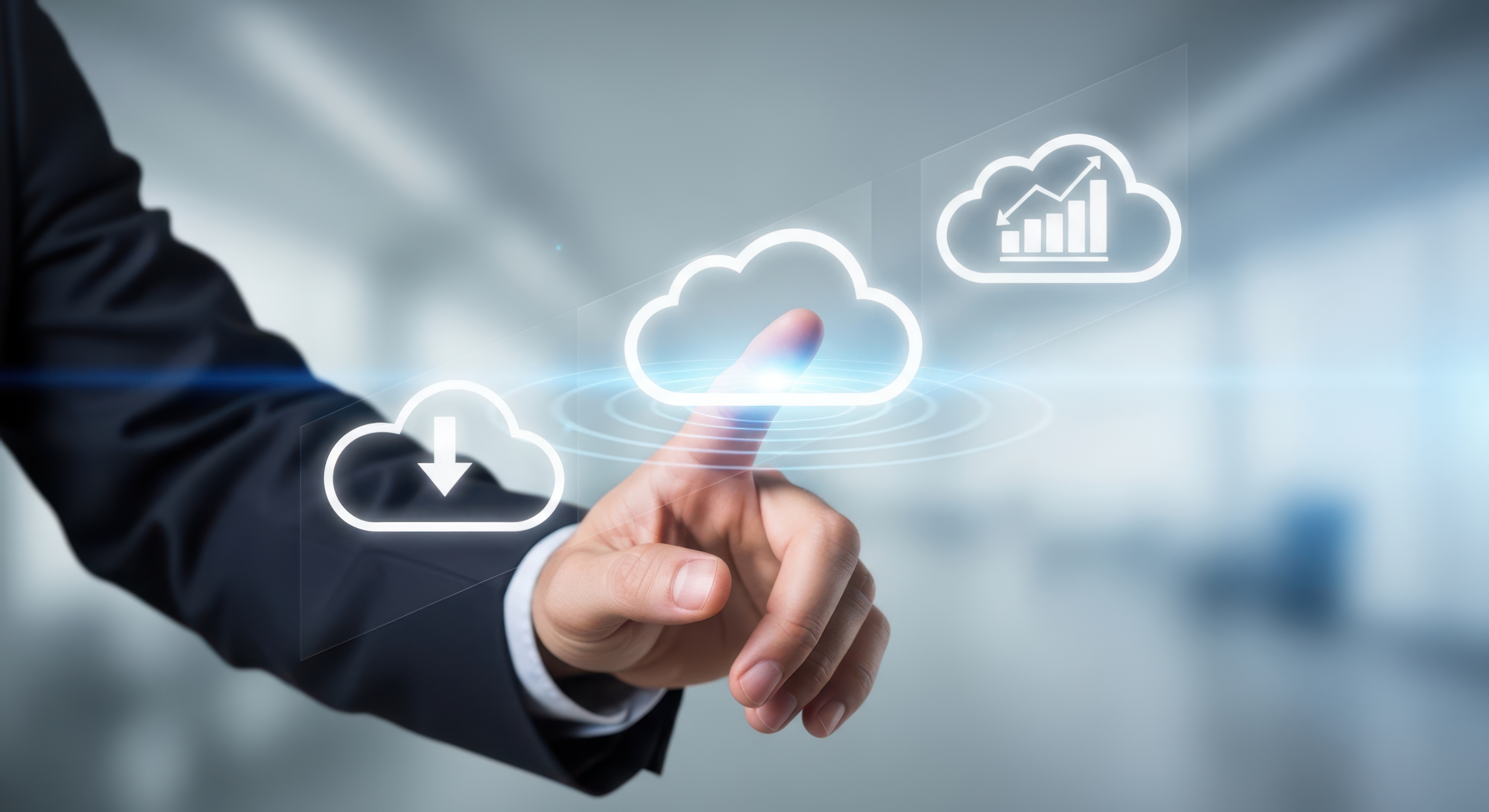 Businessman interacting with colored floating icons that represents Strategic business transformation roadmap illustrating the shift from legacy systems to agile cloud native enterprise architectures