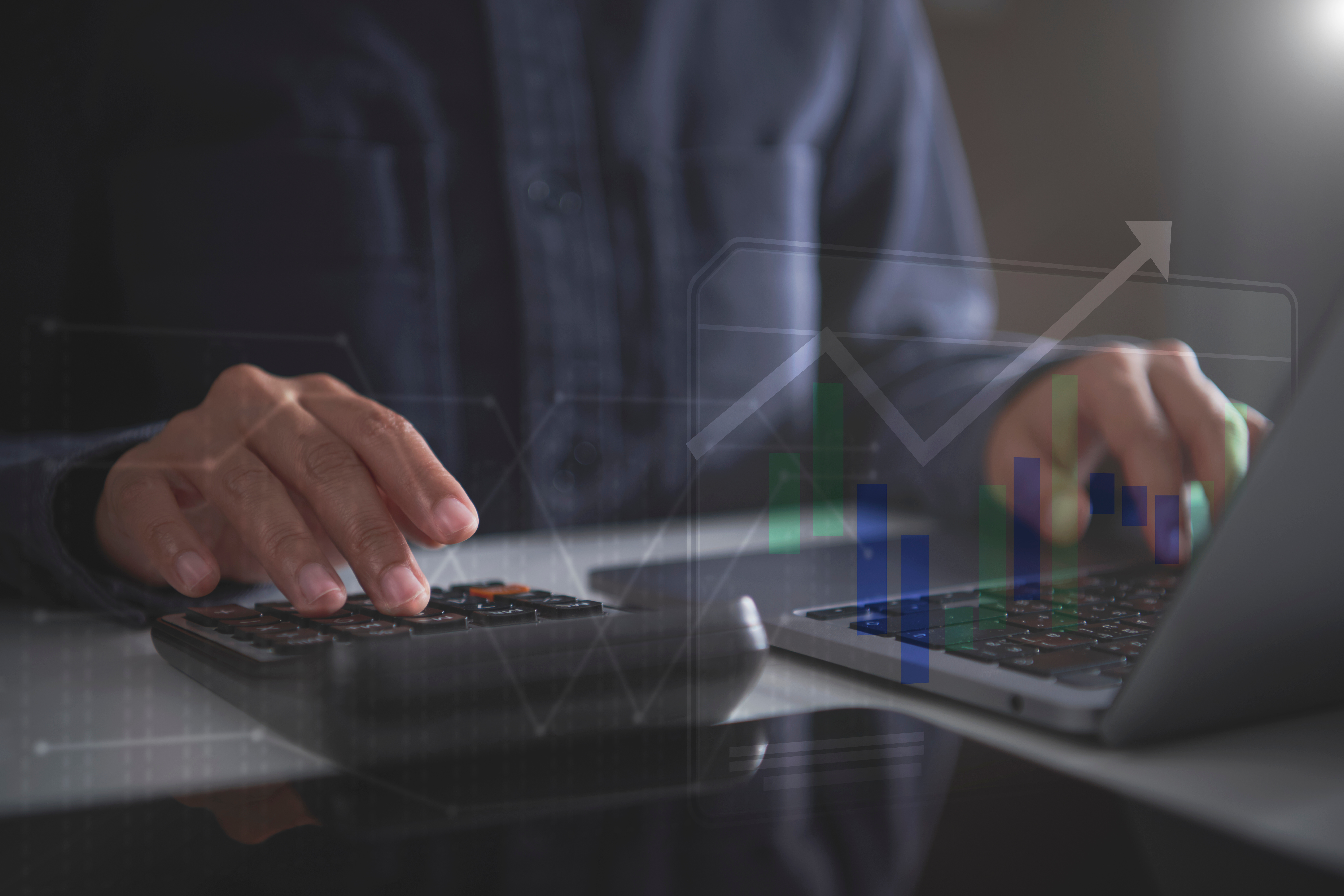 Financial data analysis on laptop with calculator, person tracking business performance using digital charts for investment insights profit growth and strategic finance management