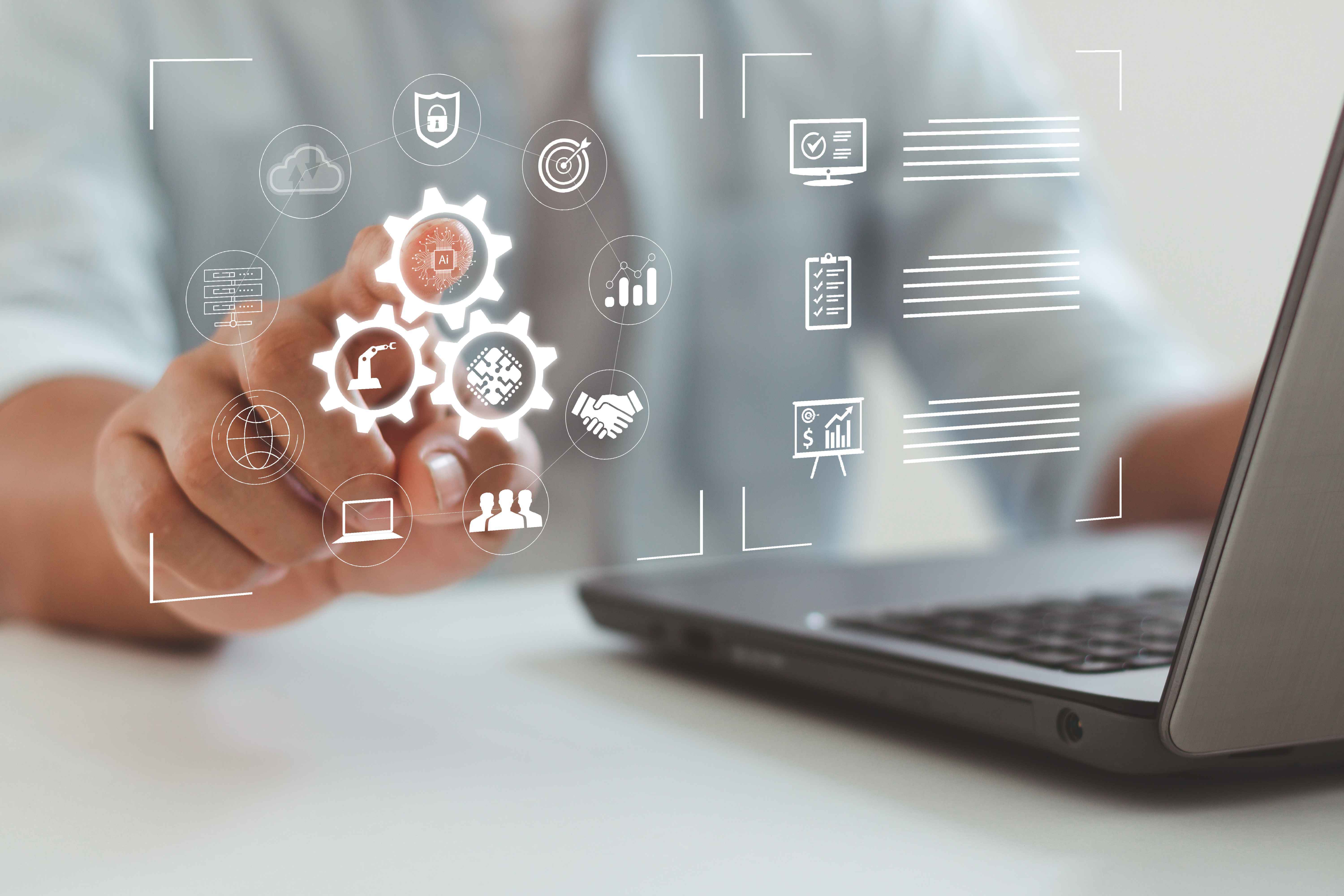 Business process analysis and innovation with global network connectivity. Person working on computer laptop. automation, industrial business process workflow optimization concept on virtual screen. 